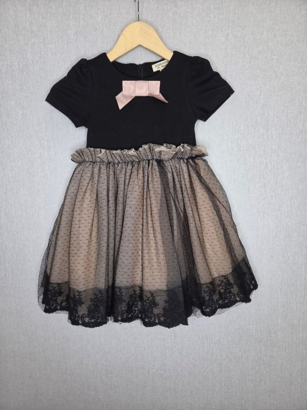 💙 Richie House Los Angeles Girls Black Tulle Lace Party Dress Size 5/6 Pink Bow